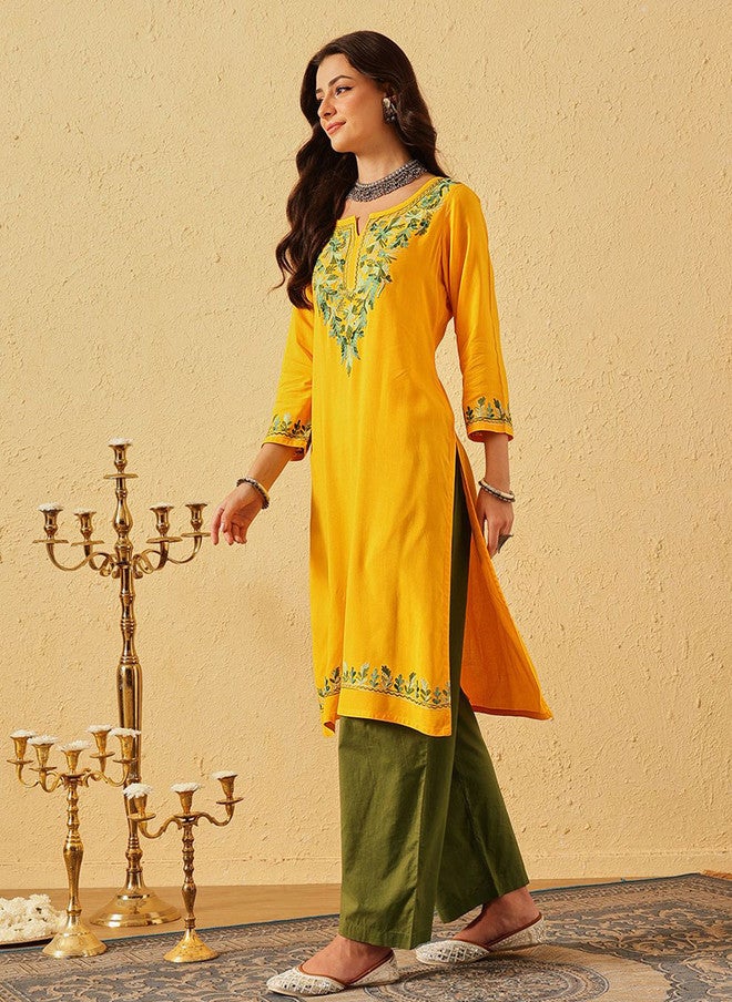Qazmi Kashmiri Aari Work Viscose Rayon Straight Kurta - Image 3